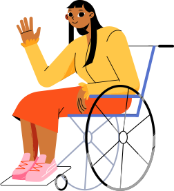 Desenho estilizado colorido de uma mulher sentada em uma cadeira de rodas. Ela tem cabelos pretos lisos na altura da cintura, usa blusa amarela de mangas compridas, saia laranja e tênis rosa. A mão direita acena para a foto, a esquerda segura a lateral da cadeira.
